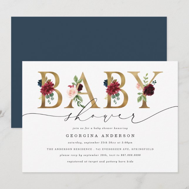 Faire-part de Baby Shower Fleurs Navy Bourgogne (Devant / Derrière)