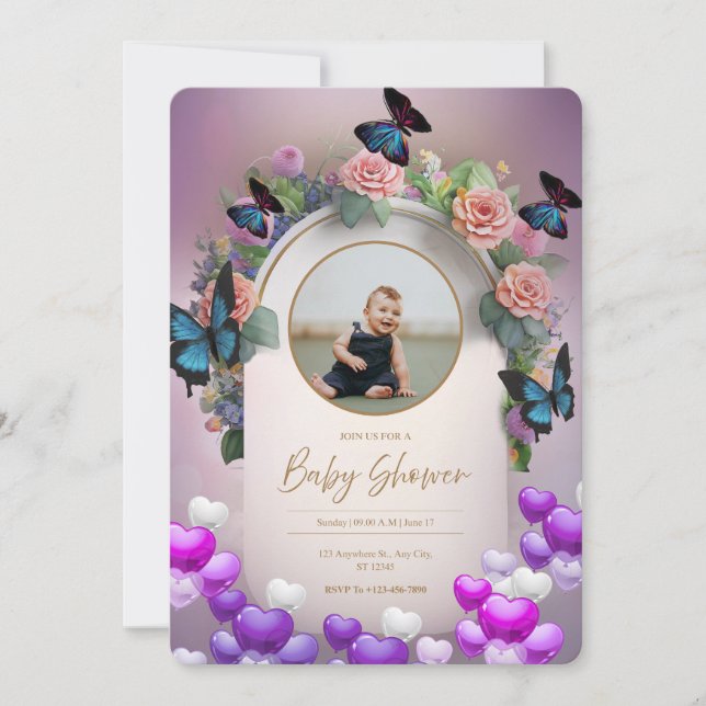 Faire-part de Baby Shower Fleurs Papillon Violet (Devant)