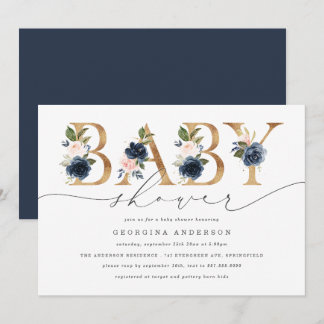 Faire-part de Baby Shower Fleurs Rose Navy