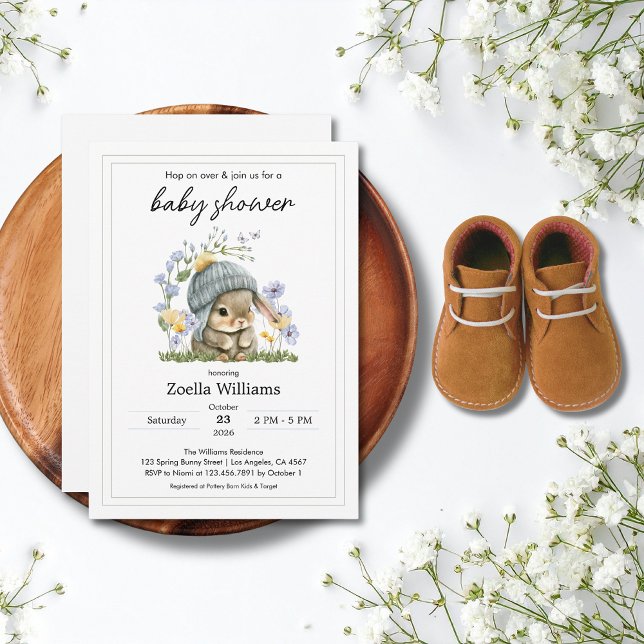 Faire-part de Baby Shower Fleurs Simples Lapin (Baby Shower Invitation Simple Flowers Bunny 5)