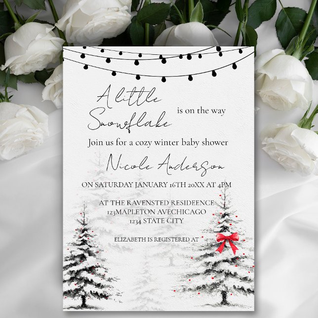 Faire-part de Baby Shower Flocon de Neige d'Hiver (Winter Snowflake Baby Shower Invitation #pinetreeinvitation #babyshowerholiday #babyshowerchristmas)