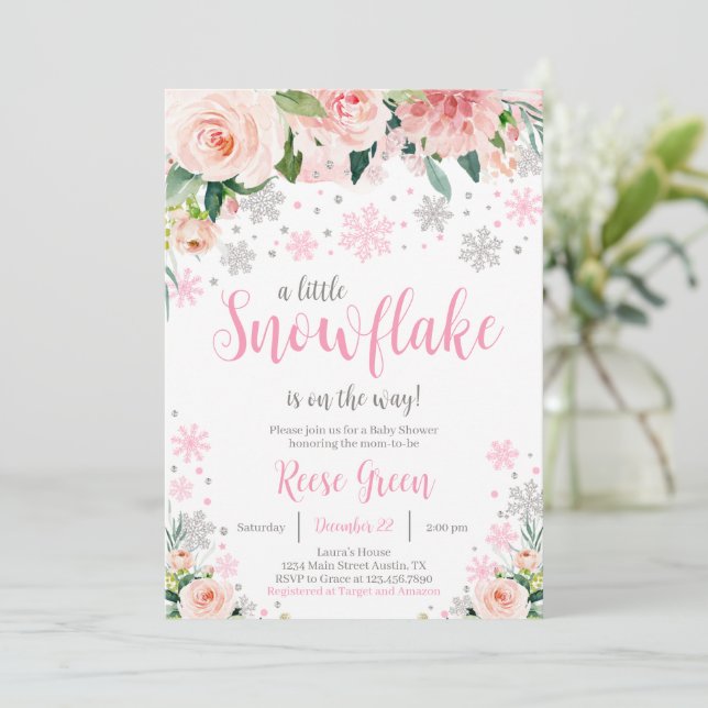 Faire-part de Baby Shower Flocon de Neige Floral (Debout devant)