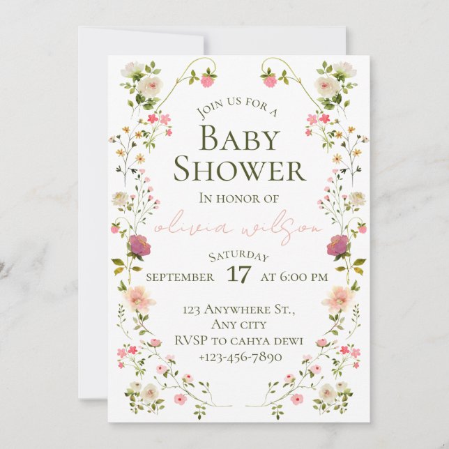 Faire-part de Baby Shower Floral Aquarelle (Devant)