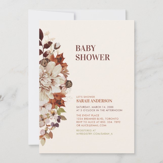 Faire-part de Baby Shower Floral Automne Rustique (Devant)