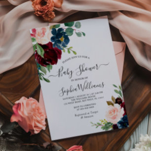 Faire-part de Baby Shower Floral Bourgogne & Marin