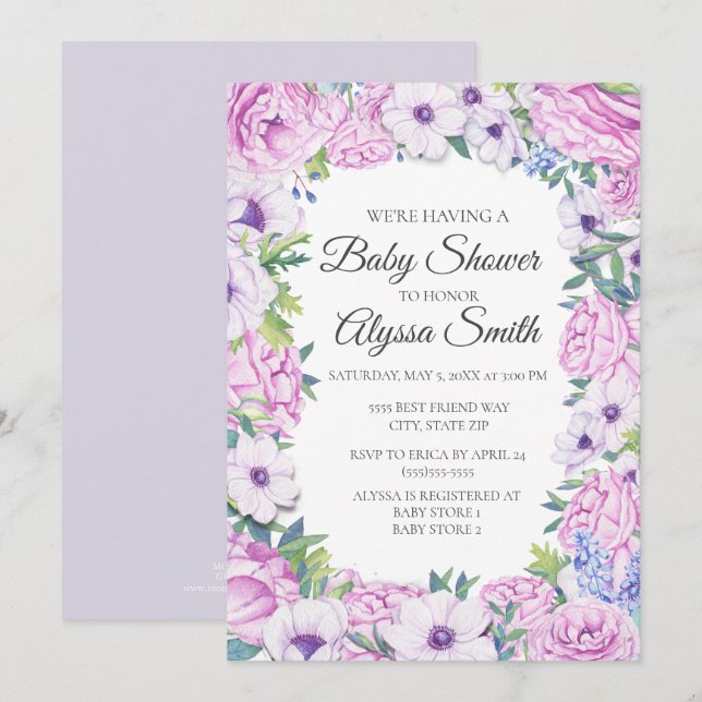 Faire-part de Baby Shower floral lilas pour bébé (Devant / Derrière)