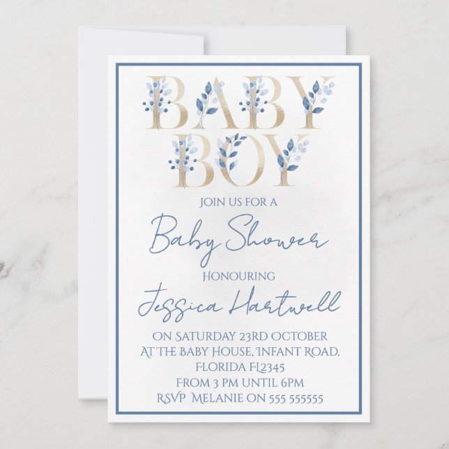 Faire-part de Baby Shower Floral pour Garçon (Devant)
