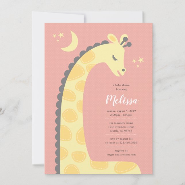 Faire-part de Baby Shower Fond Rose Girafe (Devant)