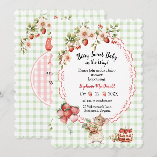 Faire-part de Baby Shower Fraise - Gingham Vert (Devant / Derrière)