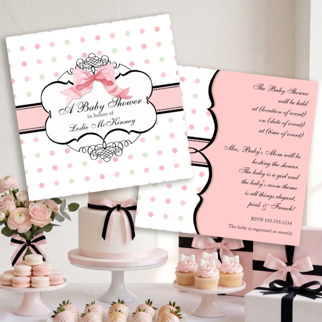 Faire-part de Baby Shower - French Bow Dot Swirl (Créateur téléchargé)