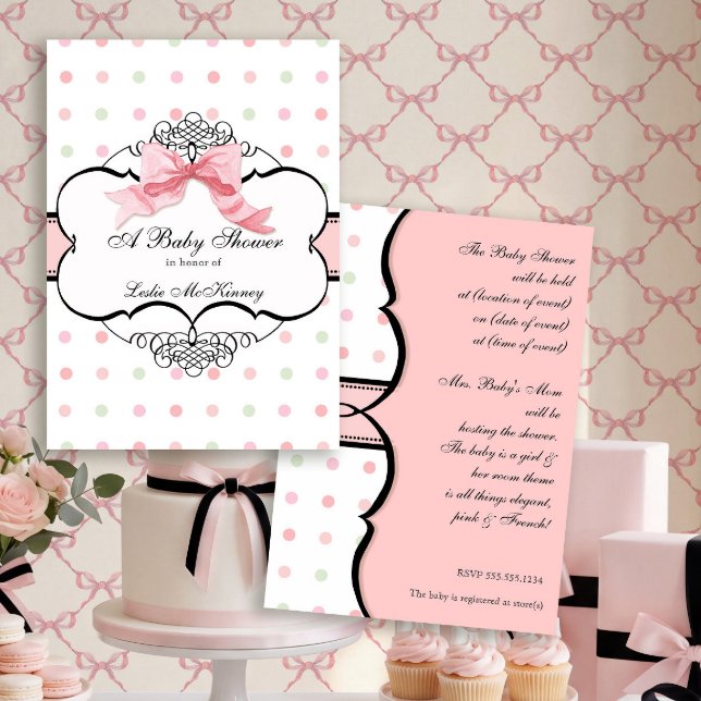 Faire-part de Baby Shower - French Bow Dot Swirl (Créateur téléchargé)