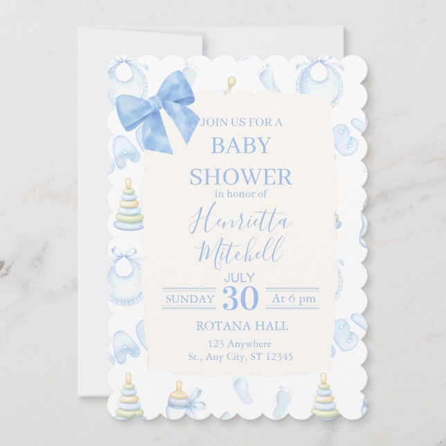 Faire-part de Baby Shower Garçon à l'aquarelle ble (Devant)
