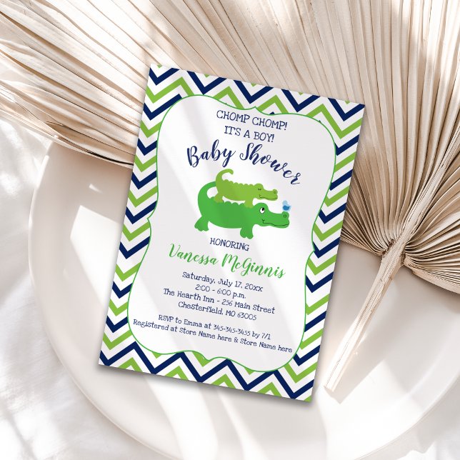 Faire-part de Baby Shower Garçon Alligator Vert Bl (Preppy Alligator Baby Shower Invitation )
