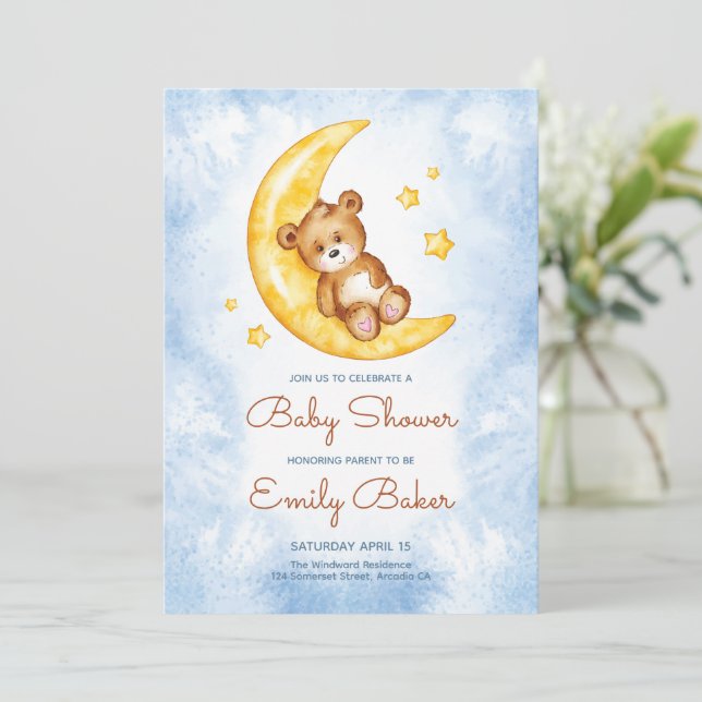 Faire-part de Baby Shower Garçon Bleu Bohème Ours  (Debout devant)