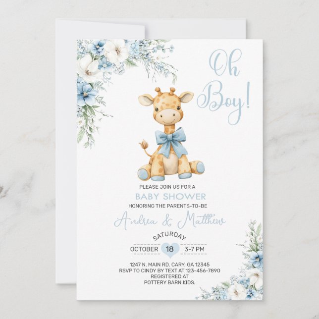 Faire-part de baby shower garçon girafe bleu flora (Devant)