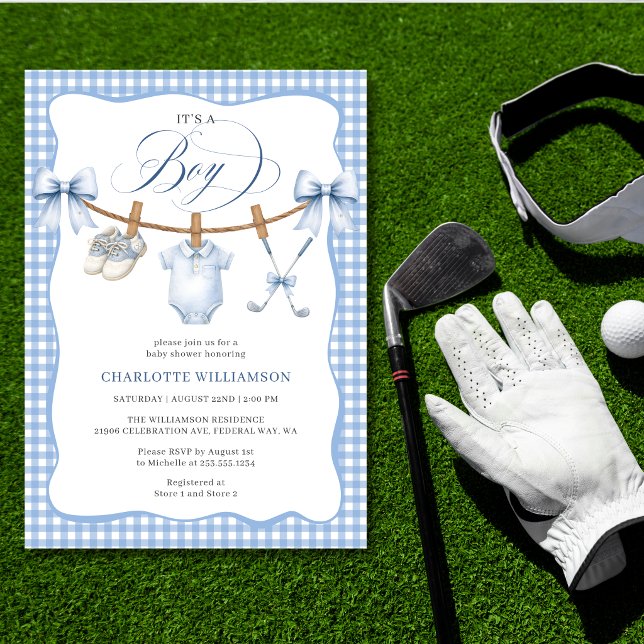 Faire-part de Baby Shower Garçon Golf Bleu Gingham (Golf Blue Gingham Clothesline Baby Boy Shower Invitation)