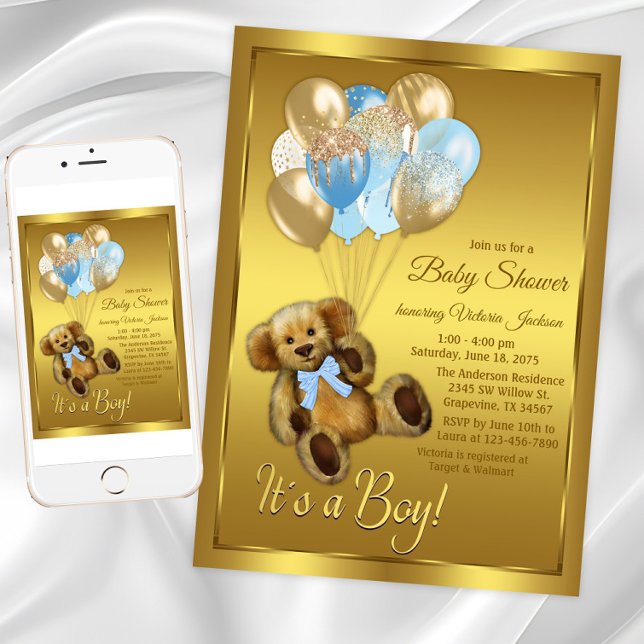 Faire-part de Baby Shower Garçon Ours en Peluche B (Boy teddy bear balloons baby shower invitation. Instant download and printed invitations available.)
