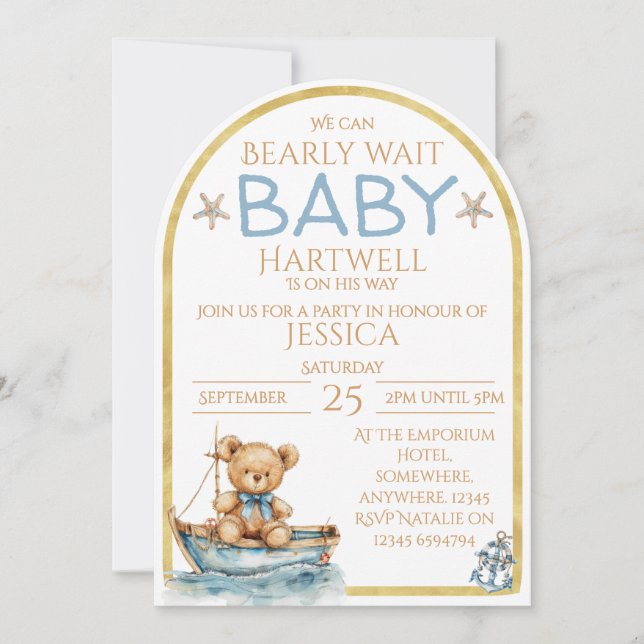 Faire-part de Baby Shower Garçon Ours Marin Dans U (Devant)