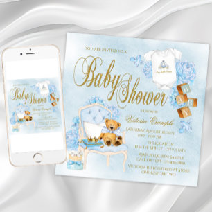 Faire-part de Baby Shower garçons aquarelle bleu o