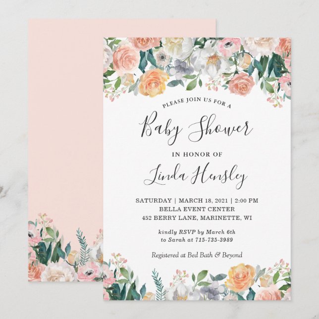 Faire-part de Baby Shower Garden Rose Peony (Devant / Derrière)