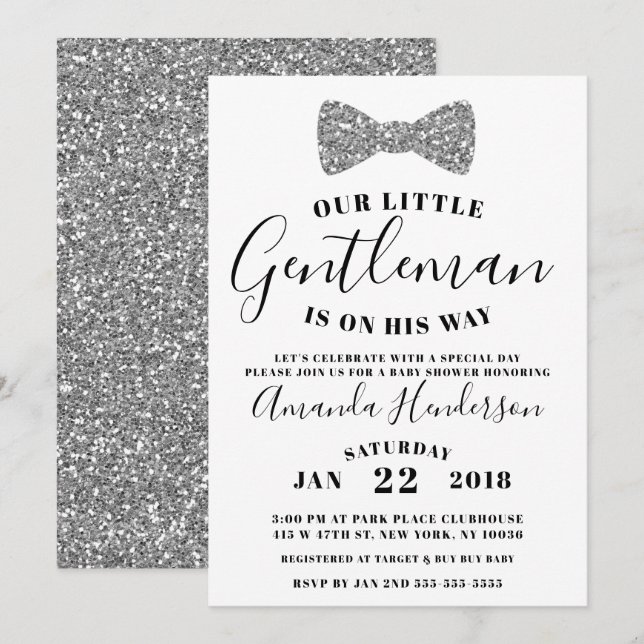 Faire-part de Baby Shower Gentleman, Faux Argent (Devant / Derrière)