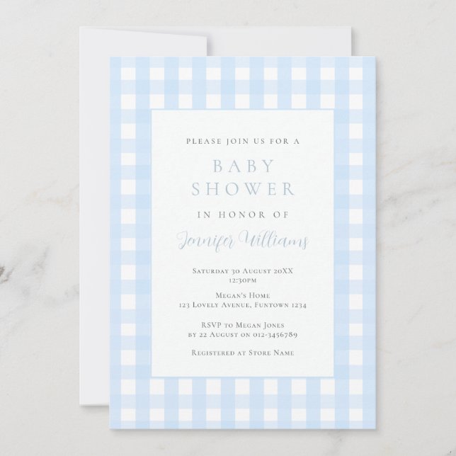 Faire-part de Baby Shower Gingham Bleu pour Garçon (Devant)
