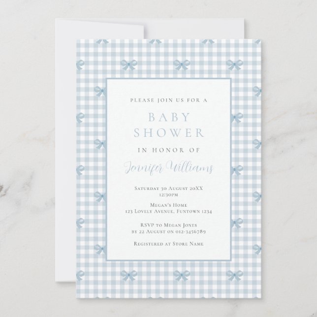 Faire-part de Baby Shower Gingham Coquette Blue Bo (Devant)
