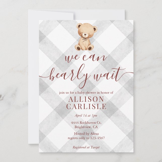 Faire-part de Baby Shower Gingham Ours en Peluche  (Devant)