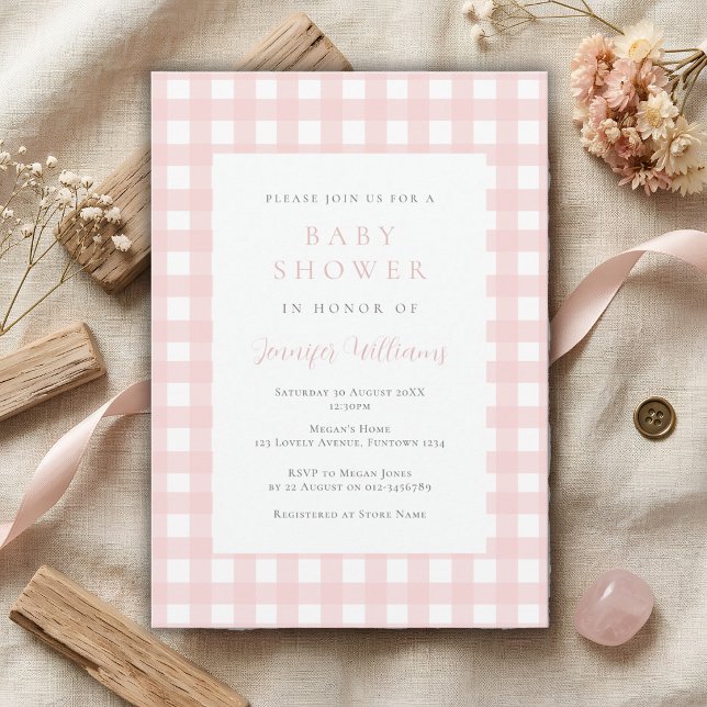 Faire-part de Baby Shower Gingham Rose pour Bébé F (Créateur téléchargé)