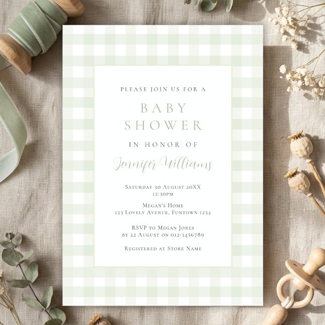 Faire-part de Baby Shower Gingham Vert Sauge (Créateur téléchargé)