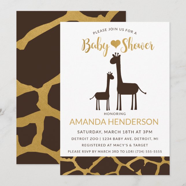 Faire-part de Baby Shower Girafe Brun & Or (Devant / Derrière)