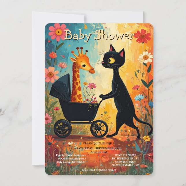 Faire-part de Baby Shower Girafe Chat Mignon (Devant)