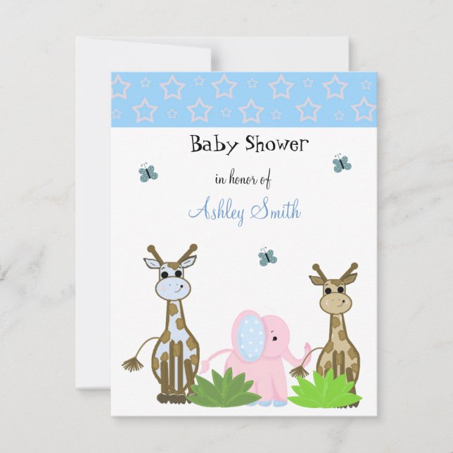 Faire-part de Baby Shower Girafe et Éléphant (Devant)