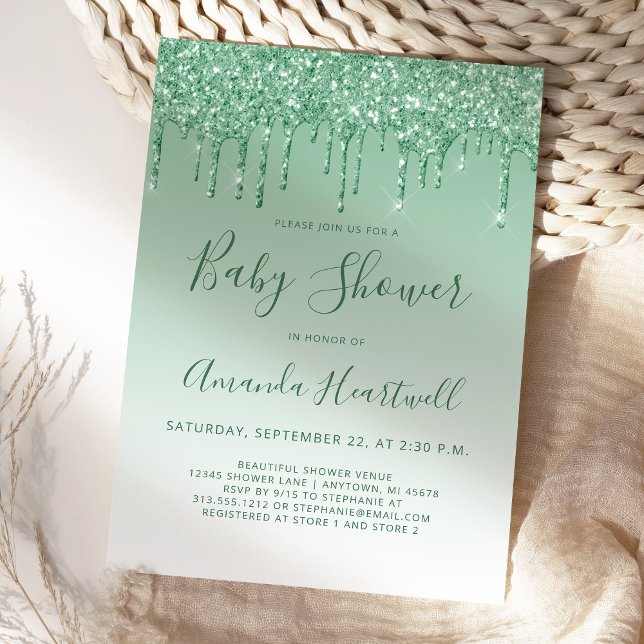 Faire-part de Baby Shower Glamour Pailleté Vert (Créateur téléchargé)