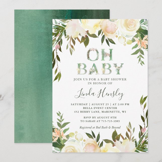 Faire-part de Baby Shower Greenery Oh Baby (Devant / Derrière)