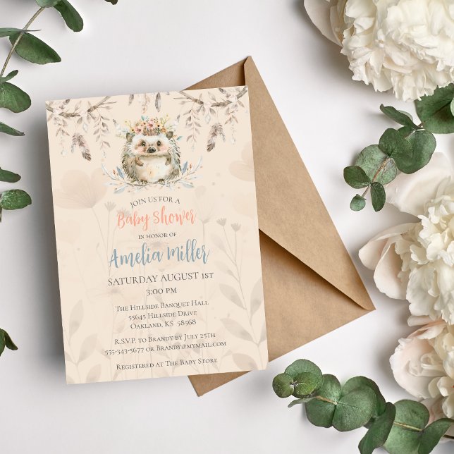 Faire-part de Baby Shower Hérisson Fleur de Boho (Hedgie Boho Watercolor Baby Shower Invitation)