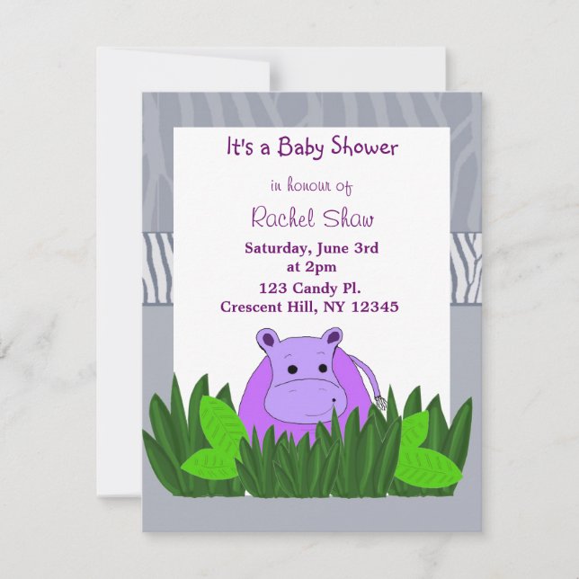 Faire-part de Baby Shower Hippopotame Violet (Devant)