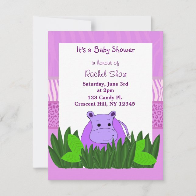 Faire-part de Baby Shower Hippopotame Violet (Devant)