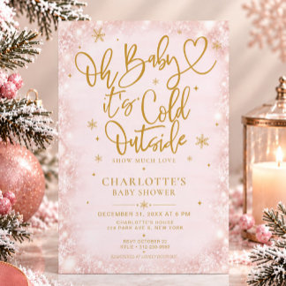 Faire-part de Baby Shower Hiver Bébé Fille Rose Or