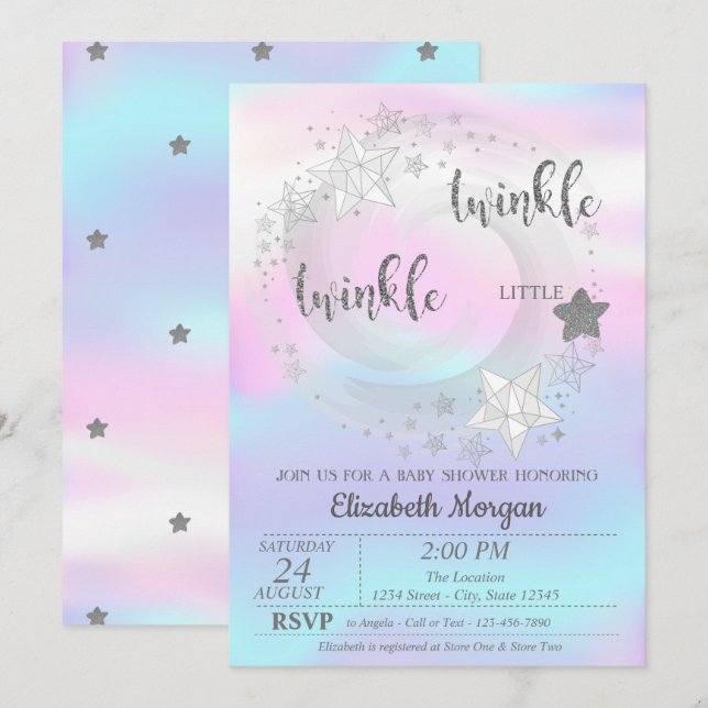 Faire-Part de Baby Shower Holographique Argent Éto (Devant / Derrière)