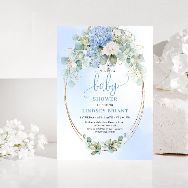 Faire-part de Baby Shower Hydrangeas Bleues de Sty (Garden Style Blue Hydrangeas Baby Shower Invitation)