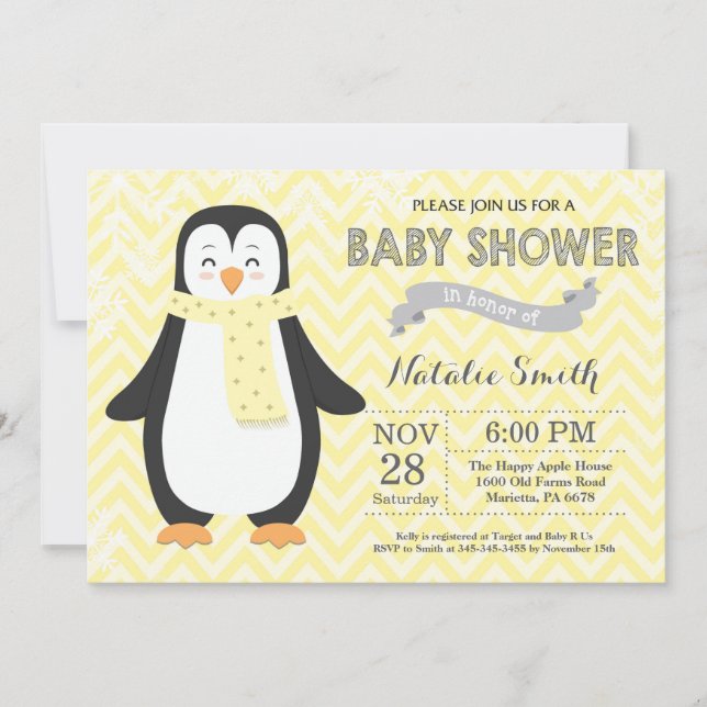 Faire-part de Baby Shower Invitation Pingouin Jaun (Devant)
