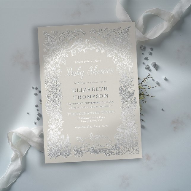 Faire-part de Baby Shower Ivoire de Conte de Forêt (winter baby shower invitation silver foil ivory woodland deer birds enchanted forest magical fairy)