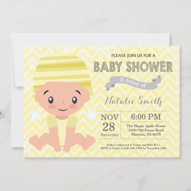Faire-part de Baby Shower Jaune Hiver (Devant)