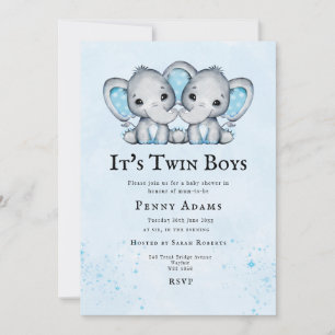 Faire-part de Baby Shower Jumeaux Eléphants Bleus