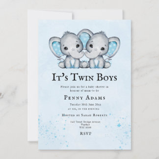 Faire-part de Baby Shower Jumeaux Eléphants Bleus 