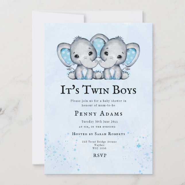 Faire-part de Baby Shower Jumeaux Eléphants Bleus  (Devant)