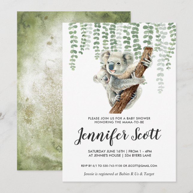 Faire-part de Baby Shower Koala Jungle (Devant / Derrière)