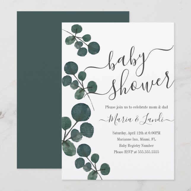 Faire-part de Baby Shower Kraft à l'aquarelle Euca (Devant / Derrière)