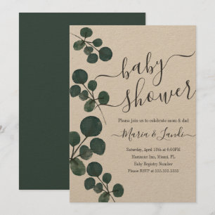 Faire-part de Baby Shower Kraft à l'aquarelle Euca